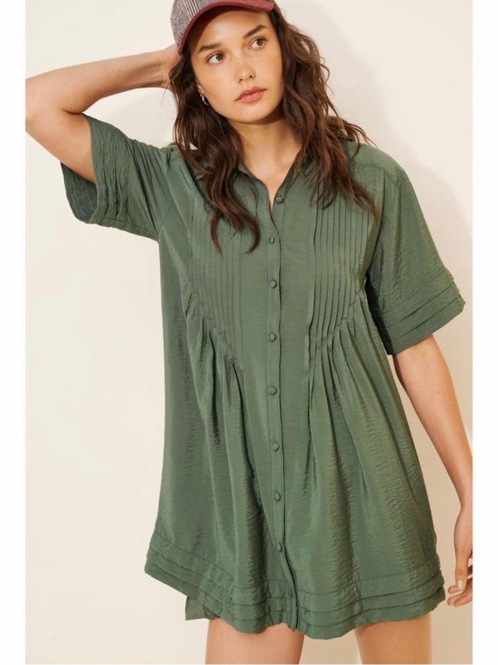 Anthropologie Pilcro Button-Front Olive Green Women’s Pintuck Tunic Dress